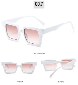 Detail shots of square white sunglasses showing the 45-degree angle, front, and back views