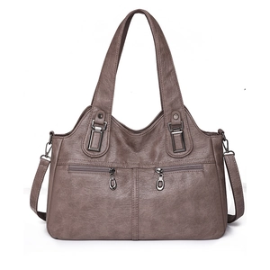 Retro coffee gray large capacity tote bag with lychee texture and dual handles