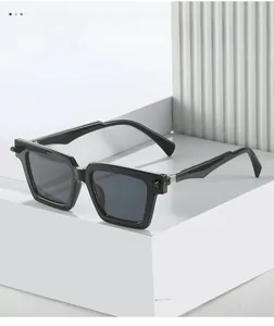 Detail of premium rectangular sunglasses with bold temples and metal hinge craftsmanship
