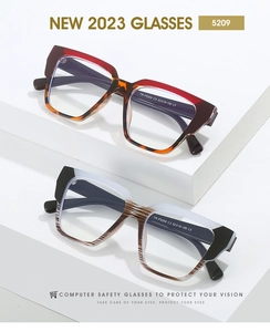 Detail of square TR90 eyeglass frames showing hinges and multicolored design patterns