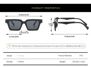 Detailed size chart for square sunglasses showing lens width and frame dimensions