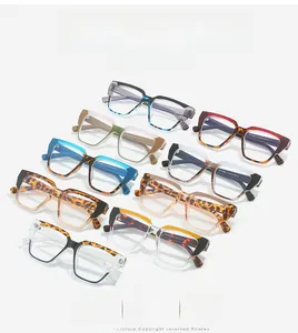 Multiple stylish square TR90 eyewear frames in leopard, blue, and olive green textures