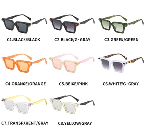 Multiple color variations of square frame sunglasses with thick geometric temples