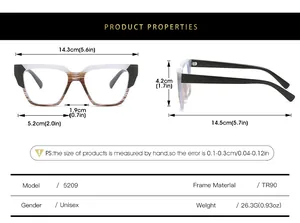 Detailed size chart for TR90 square eyewear frames showing measurements and unisex design