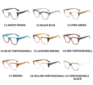Multi-color square TR90 eyewear frames showing nine different color styles and patterns