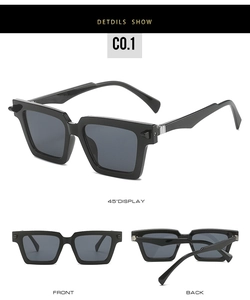 Detailed multi-angle views of square sunglasses with spring hinges and gray lenses