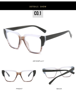 Detail view of square TR90 eyeglass frames with purple and tawny striped gradient