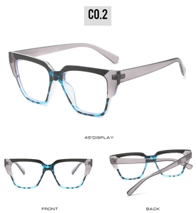 Detail view of TR90 square eyeglass frames showing front, back, and 45-degree angles