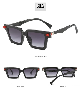 Detail of square sunglasses with red cone rivets and purple gradient lenses