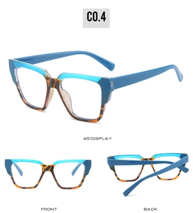 Detailed views of square TR90 glasses frames featuring a stylish blue and tortoiseshell contrast