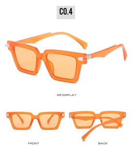 Detailed multi-angle view of orange rectangular sunglasses with spring hinges