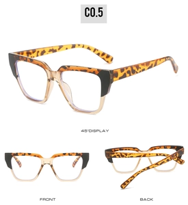 Three-angle display of square TR90 glasses frames with tortoiseshell and champagne colors