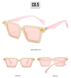 Detailed views of vintage square sunglasses with cream frames and pink tinted resin lenses