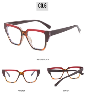 Three-way view of square TR90 frame with red top and tortoiseshell bottom design