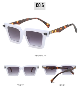 Three perspectives showing the white square frame sunglasses and tortoiseshell temples