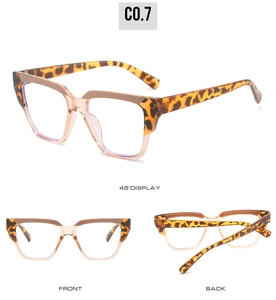 Three views of square TR90 glasses frames featuring brown tortoiseshell and clear contrast