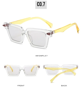 Three views of square clear sunglasses with yellow temples and metal hinge detail