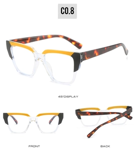 Three views of square TR90 glasses frames featuring yellow and black color blocking