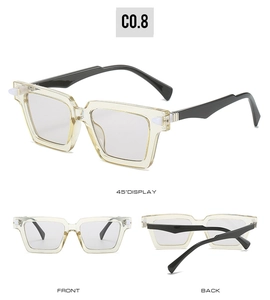 Detailed multi-angle views of square two-tone sunglasses with yellow frame and black legs