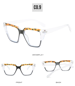 Three-view display of square TR90 eyewear with transparent and leopard print frames
