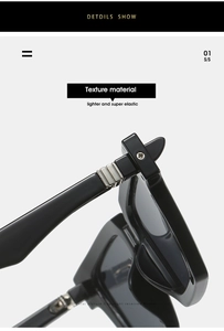 Close-up of premium metal hinge and silver spring temple on black square sunglasses