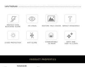 Detailed lens features of cat-eye sunglasses including UV400 and HD vision protection