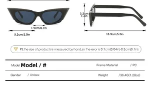 Size chart showing frame dimensions and weight for cat-eye sunglasses in detail