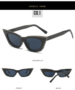 Detailed multi-angle views of black cat-eye sunglasses with dark blue-grey lenses