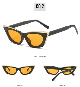 Multi-angle view of retro cat eye sunglasses with orange lenses and golden metal details