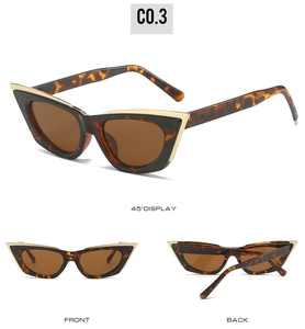 Three angles of cat eye sunglasses featuring tortoise frames and gold metal accents