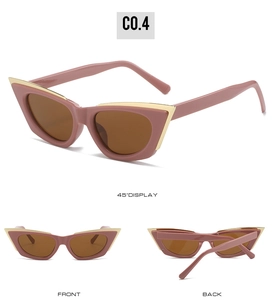Three-view detail of pink cat-eye sunglasses with gold metal trim and brown lenses