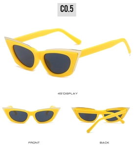 Three-angle view of yellow cat-eye sunglasses with gold metal trim and dark lenses