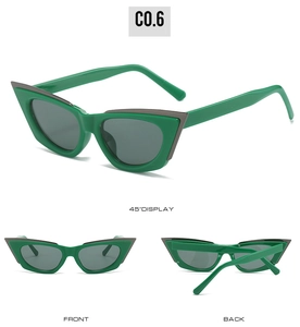 Three-view layout of cat-eye sunglasses with green frames and dark metal top bars