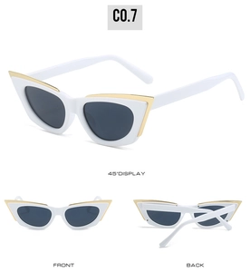 Detailed views of white cat-eye sunglasses with gold metal trim from multiple angles