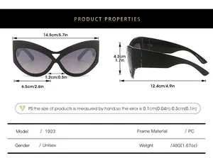Detailed size chart for cat eye oversized sunglasses with frame dimensions and weight info