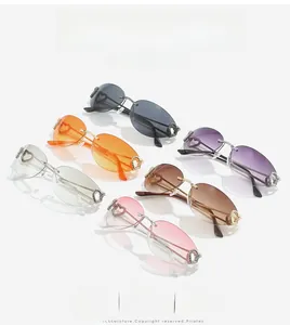Detail showing various colors of rimless heart sunglasses with stylish hollow metal hinges