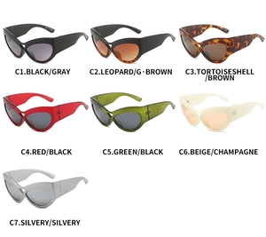 Detailed grid of oversized cat-eye sunglasses showing 7 colors with UV400 CE marks