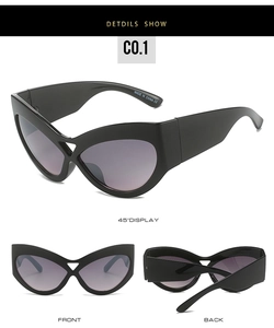 Three-view layout of black cat-eye sunglasses featuring a unique cross-bridge design and UV400 lenses