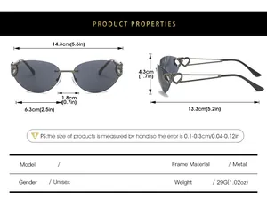 Size guide for heart-shaped rimless sunglasses with metal frame dimensions and weight