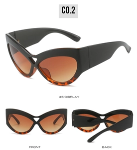 Detailed views of cat eye sunglasses with tortoise trim and gradient brown lenses