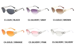 Close-up of rimless sunglasses with metal heart hinge detail and crystal accents in six colors