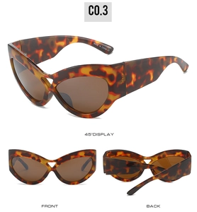 Detailed three-view display of leopard print cat eye sunglasses with UV400 lenses