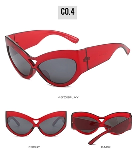 Three-angle display of red oversized cat-eye sunglasses with UV400 grey lenses