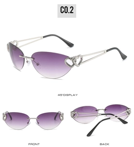 Three views of rimless Y2K sunglasses with purple gradient lenses and heart metal hinges