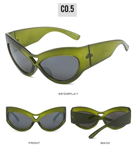Detail view showing olive green cat-eye sunglasses with dark grey lenses from multiple angles