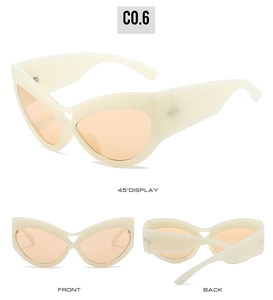 Three-way view of oversized cream cat eye sunglasses with orange lenses and wide frames