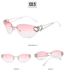 Detailed views of heart-shaped rimless sunglasses with pink gradient lenses and metal frame