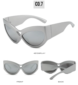 Three-view display of silver cat-eye sunglasses with wide temples and UV400 lenses