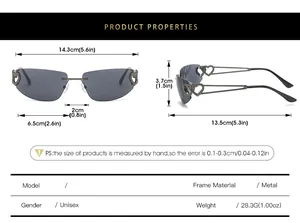 Tableau des tailles pour lunettes de soleil coeur sans monture avec détails en métal