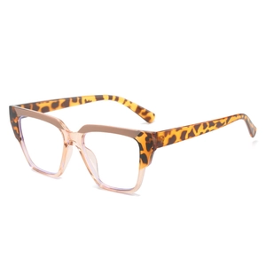 Retro square TR90 eyeglasses frame featuring leopard print and transparent pink color block